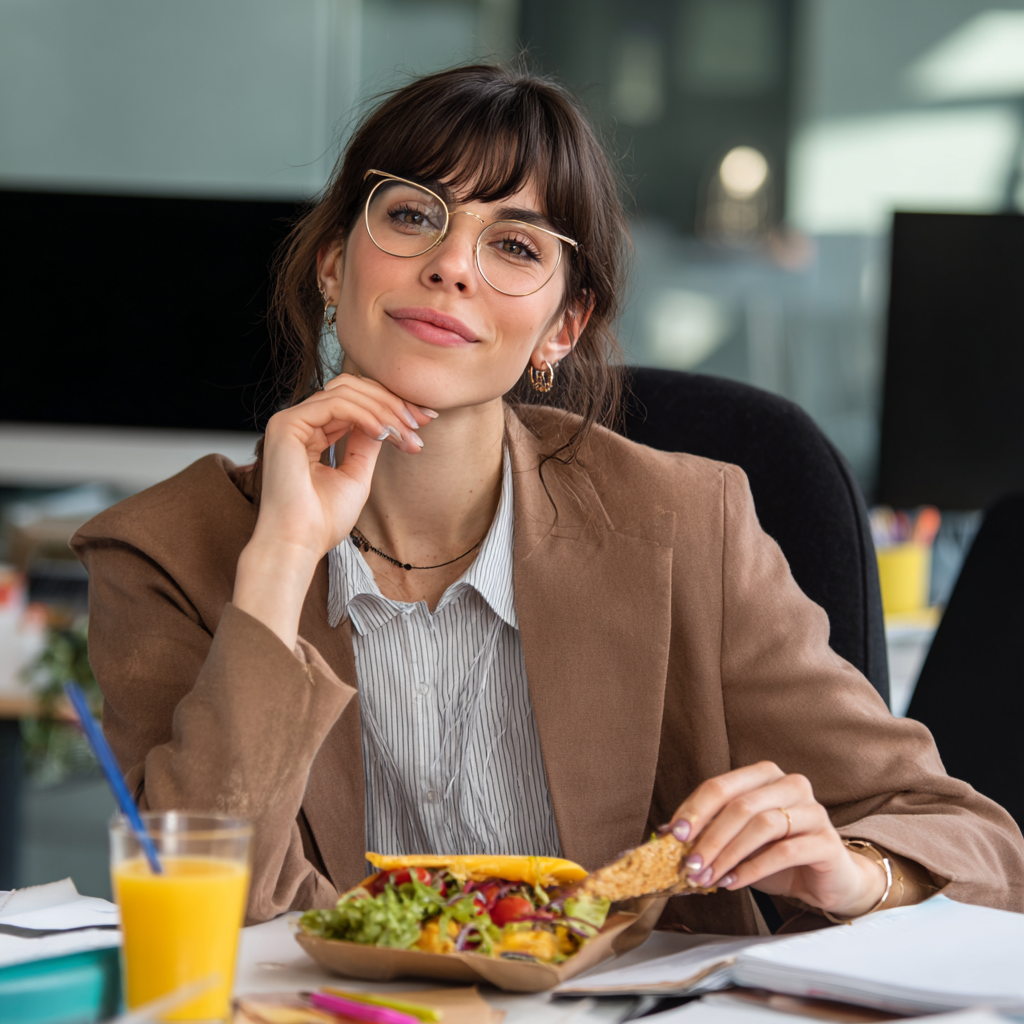 Romanian nutritionist woman in her 40s smiling warmly while holding fresh vegetables in a modern kitchen setting